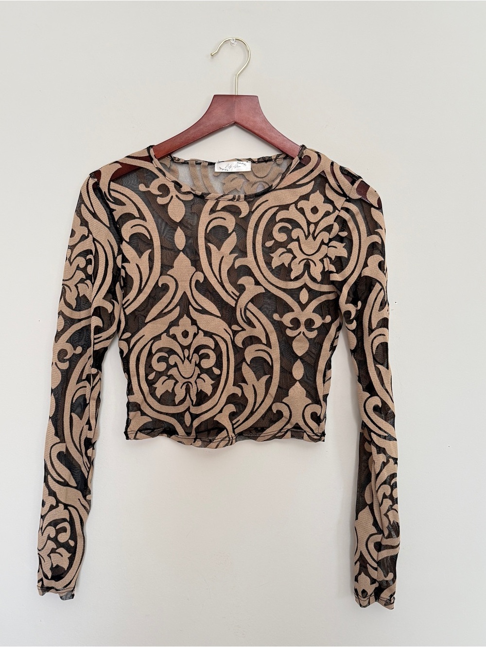 Beige and Black Sheer Long-Sleeve Patterned Crop Top